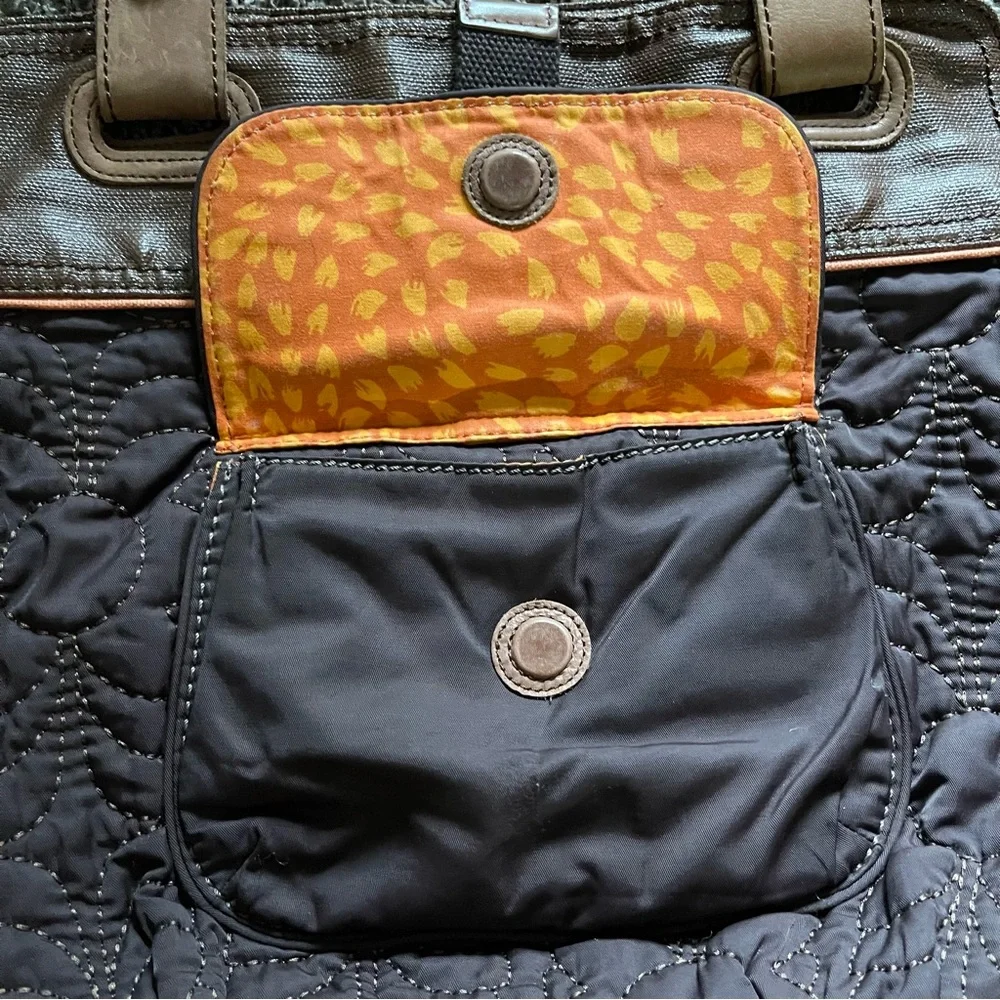 Fossil KeyPer Quilted Brown Leather Trim Tote Shoulder Bag Purse Cottagecore SEE - Picture 5 of 16